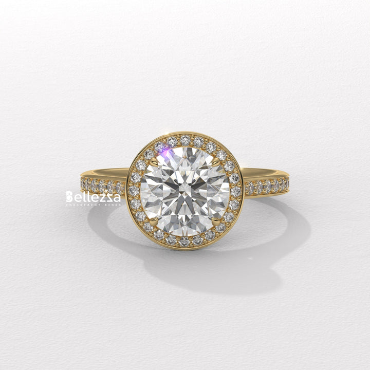 1.0-2.0CT Round Cut CVD Diamond Halo Pave Setting Engagement Ring