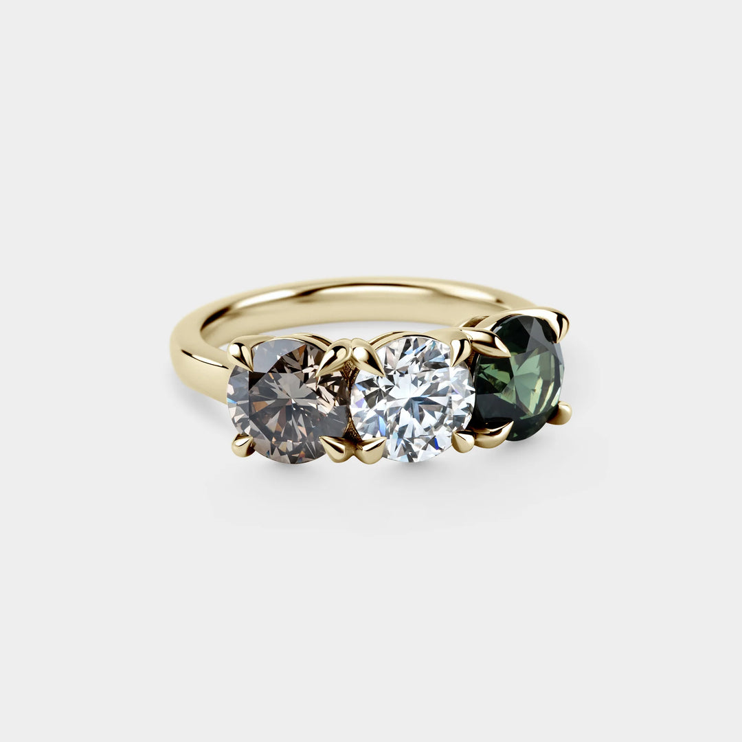 Round Diamond Three Stone White, Champagne & Green Sapphire Lab Grown Ring
