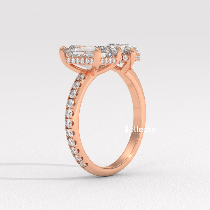 1.0CT Pear & Emerald Cut Hidden Halo Open Style Two Stone Lab Grown Ring