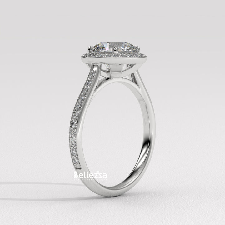 1.0-2.0CT Round Cut CVD Diamond Halo Pave Setting Engagement Ring