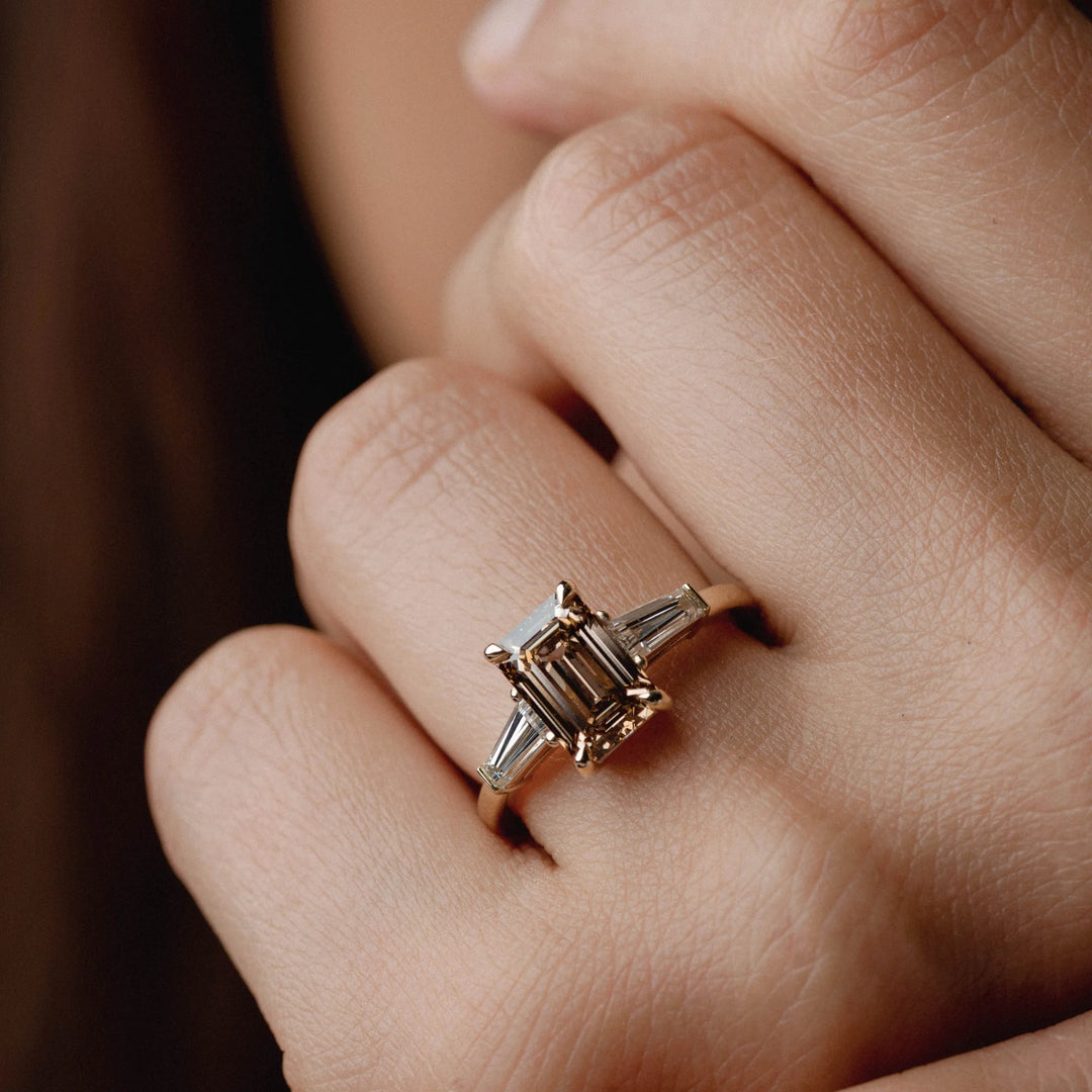 2.0CT Fancy Brown Emerald Cut Three Stone Lab Grown Engagement Ring