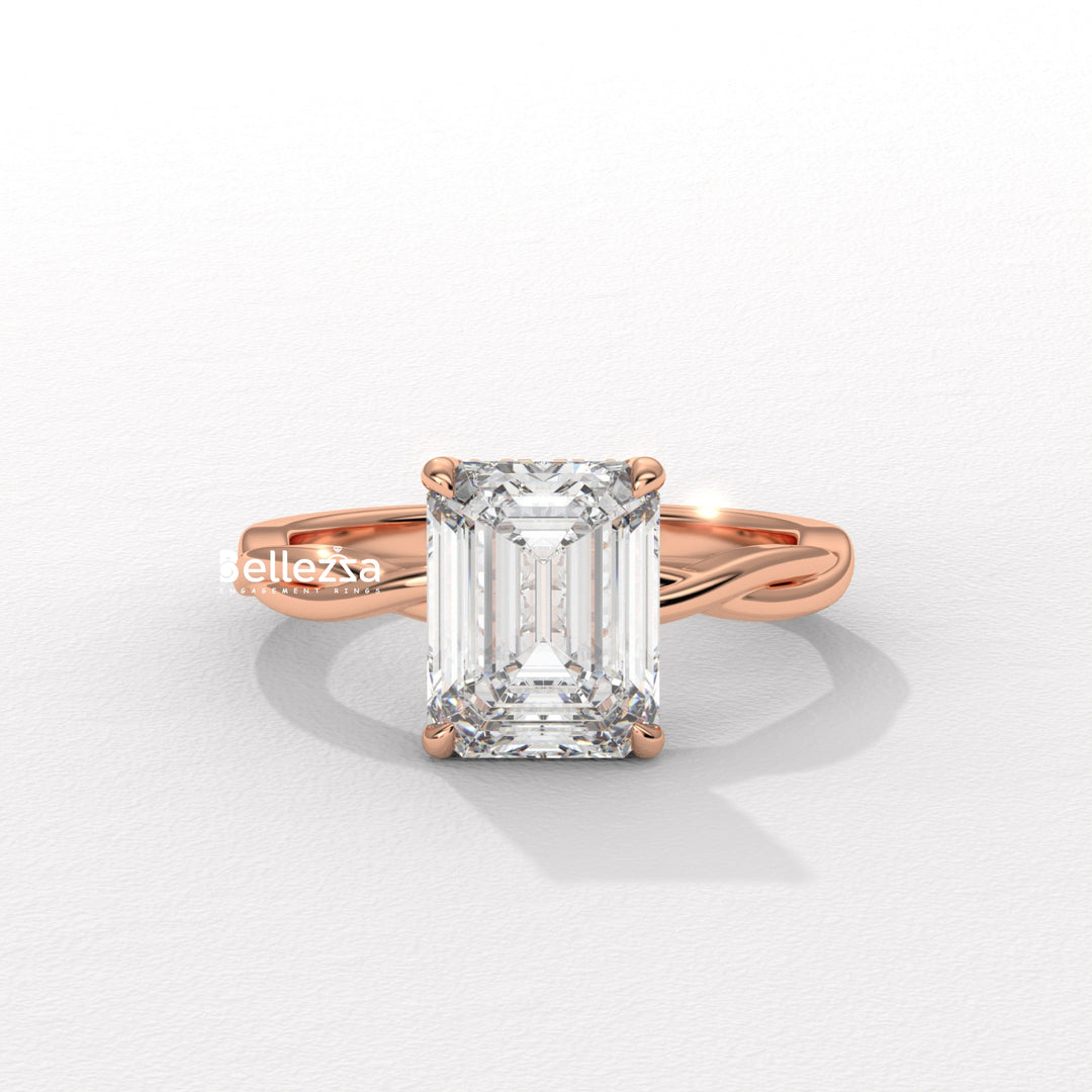 2.0-3.0CT Emerald Cut Twisted Hidden Halo Lab Grown Engagement Ring