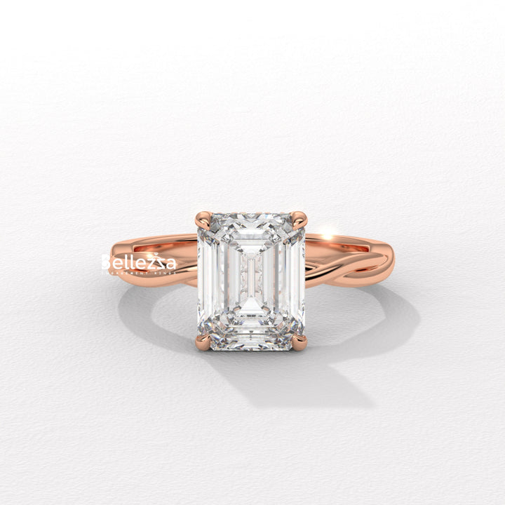 2.0-3.0CT Emerald Cut Twisted Hidden Halo Lab Grown Engagement Ring