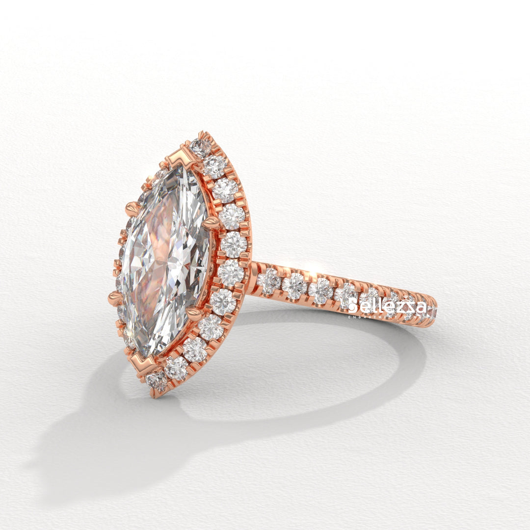 1.50-2.50CT Marquise Cut CVD Diamond Halo Pave Set Engagement Ring