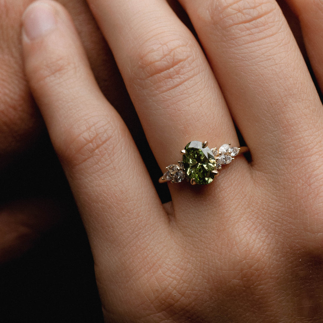 2.0CT Fancy Green Oval Diamond Cluster Setting Lab Grown Engagement Ring