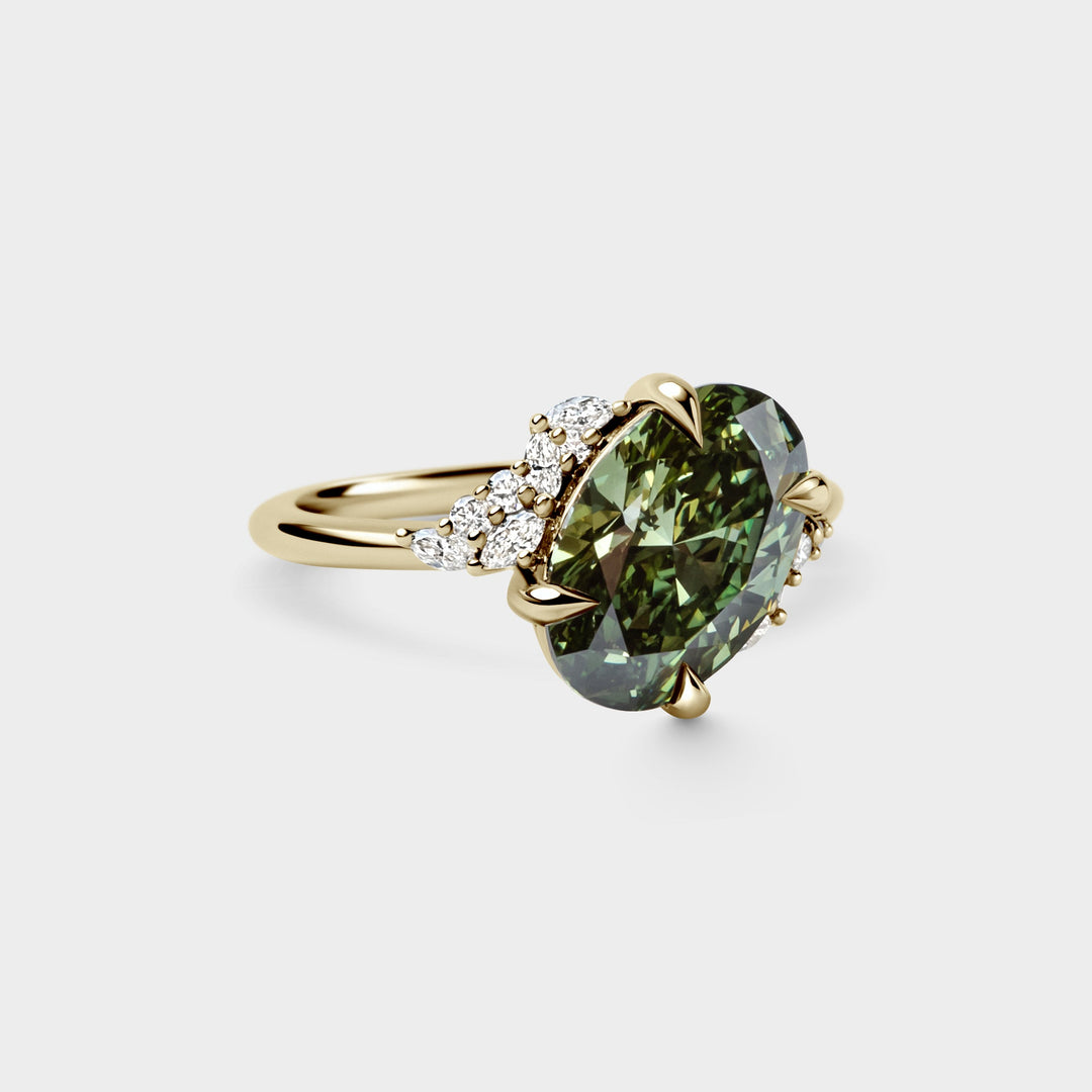 3.0CT Fancy Green Oval Diamond Cluster Setting Lab Grown Engagement Ring