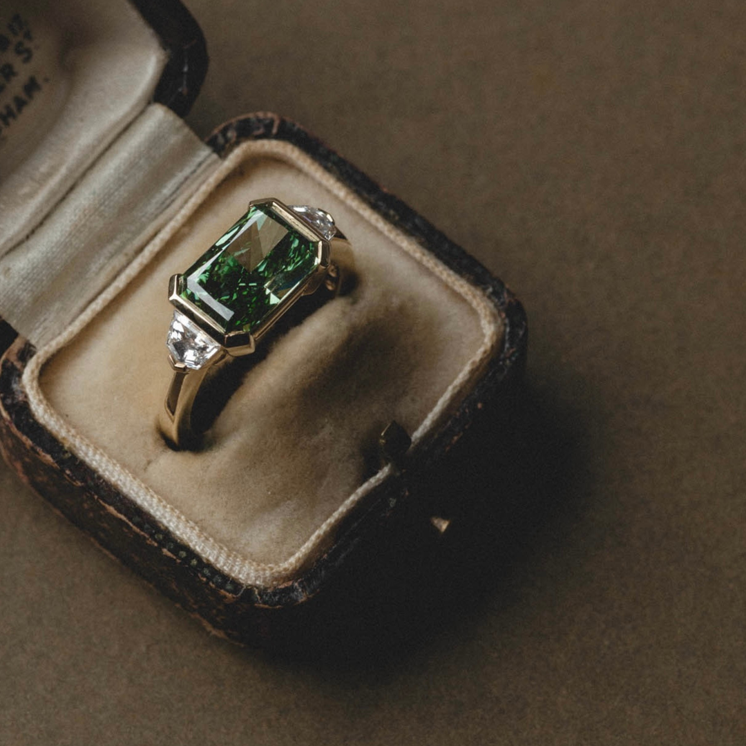 3.0CT Fancy Green East-West Radiant Diamond Cluster Lab Grown Engagement Ring