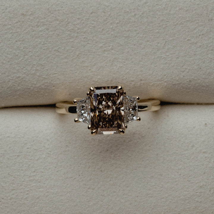 2.0CT Fancy Brown Radiant Diamond Three Stone Lab Grown Engagement Ring