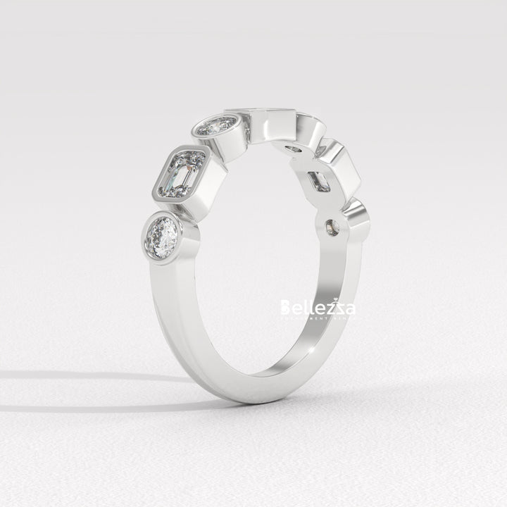 Round & Emerald Cut Diamond Half Eternity Lab Grown Wedding Band