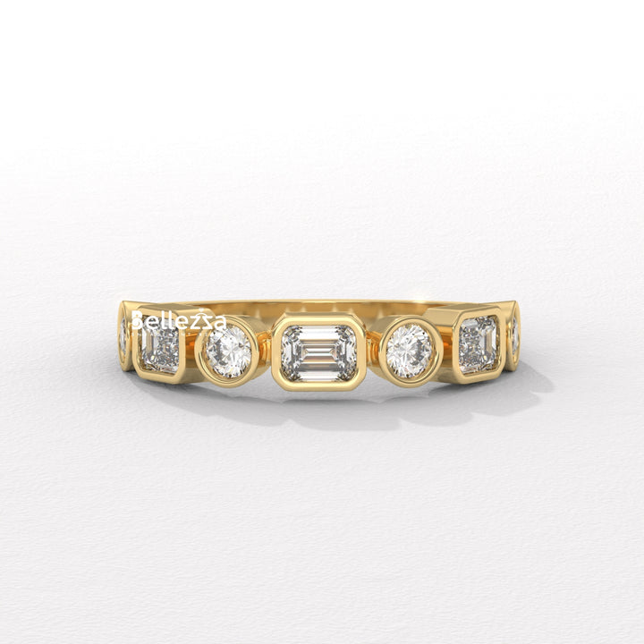 Round & Emerald Cut Diamond Half Eternity Lab Grown Wedding Band
