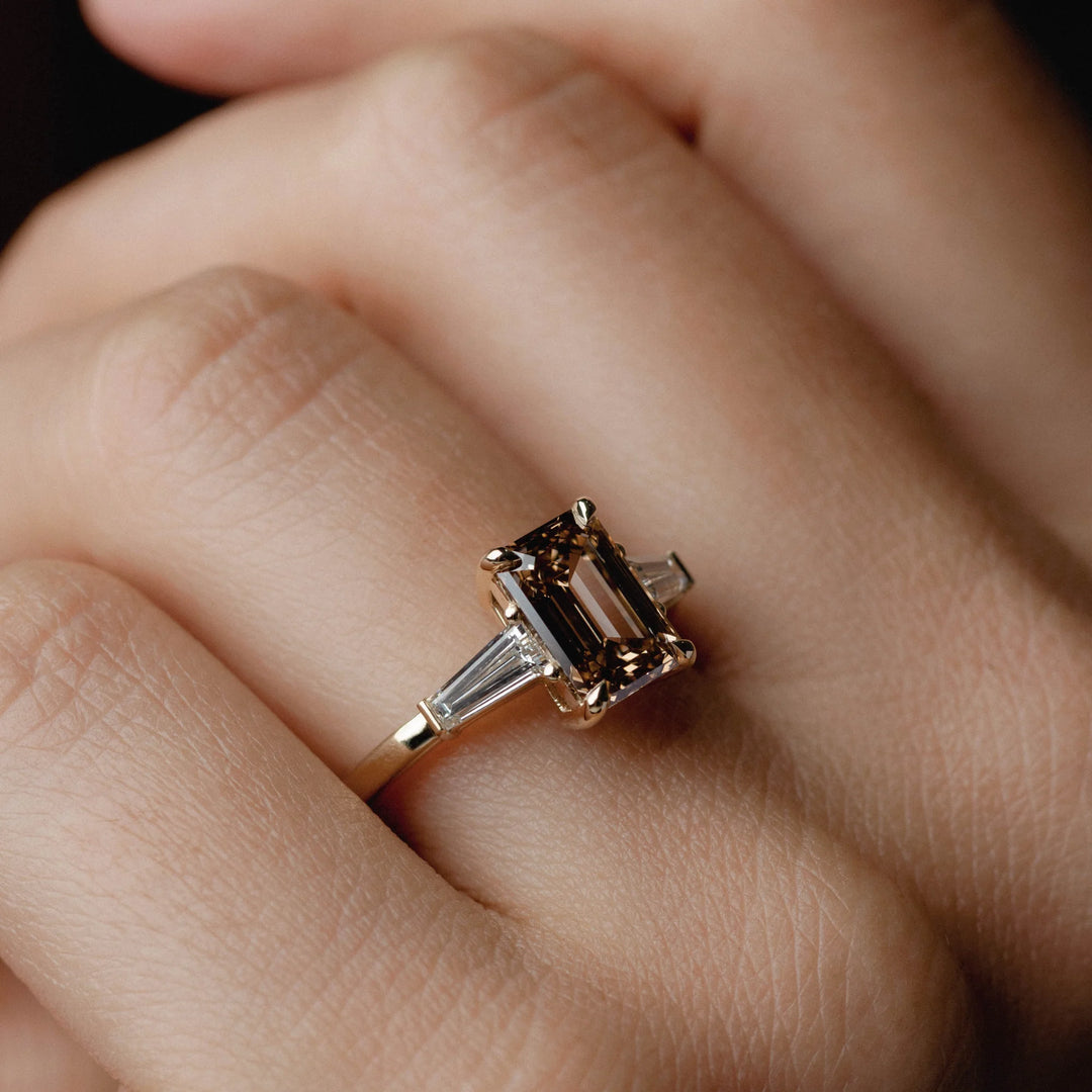 2.0CT Fancy Brown Emerald Cut Three Stone Lab Grown Engagement Ring