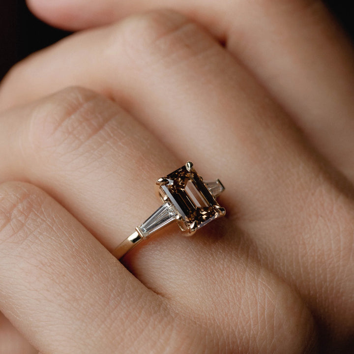 2.0CT Fancy Brown Emerald Cut Three Stone Lab Grown Engagement Ring