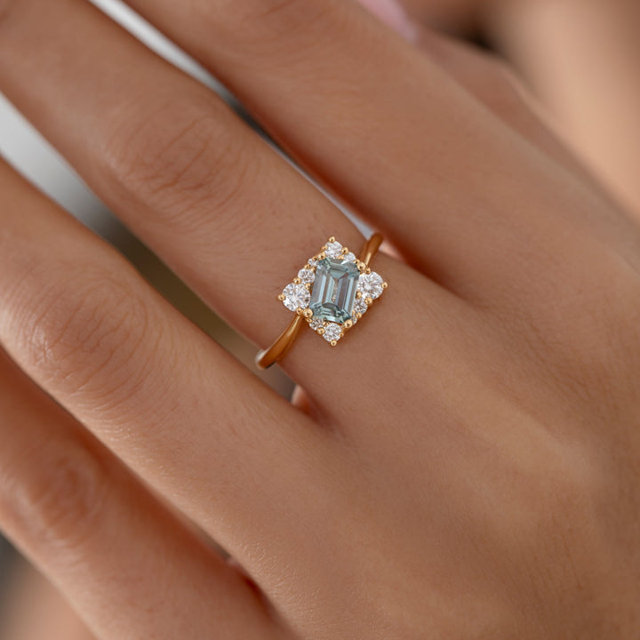 1.0CT Light Blue Sapphire Emerald Cut cluster Setting Lab Grown Engagement Ring