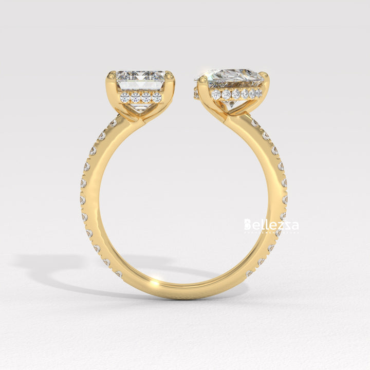 1.0CT Pear & Emerald Cut Hidden Halo Open Style Two Stone Lab Grown Ring