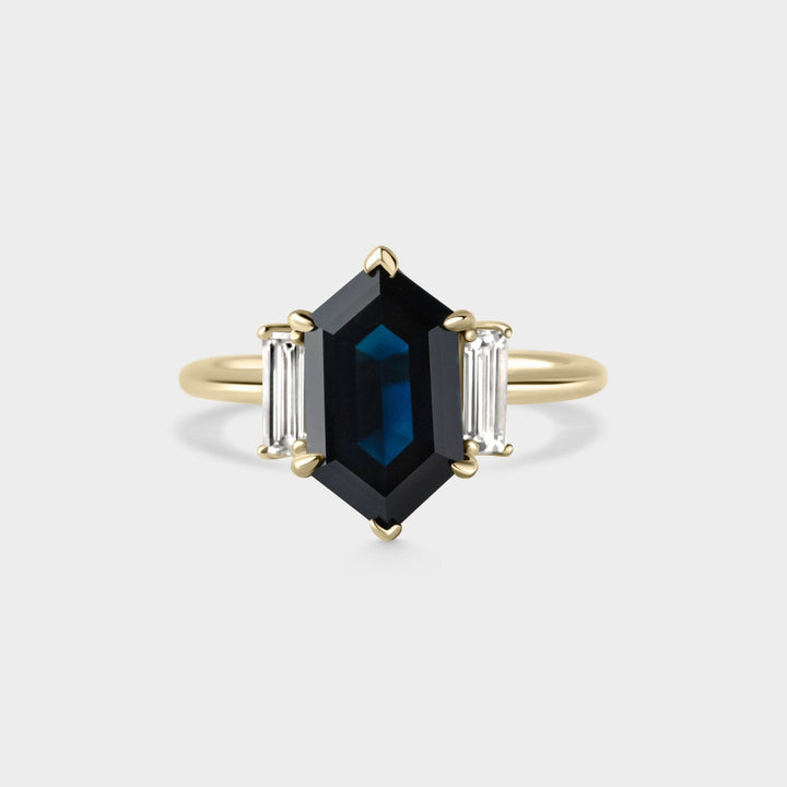 3.50CT Blue Sapphire Elongated Hexagon Diamond Three Stone Lab Grown Ring