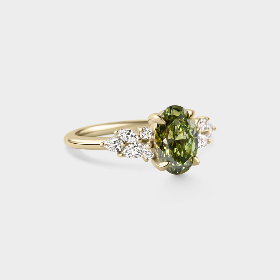 2.0CT Fancy Green Oval Diamond Cluster Setting Lab Grown Engagement Ring