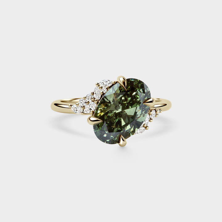 3.0CT Fancy Green Oval Diamond Cluster Setting Lab Grown Engagement Ring