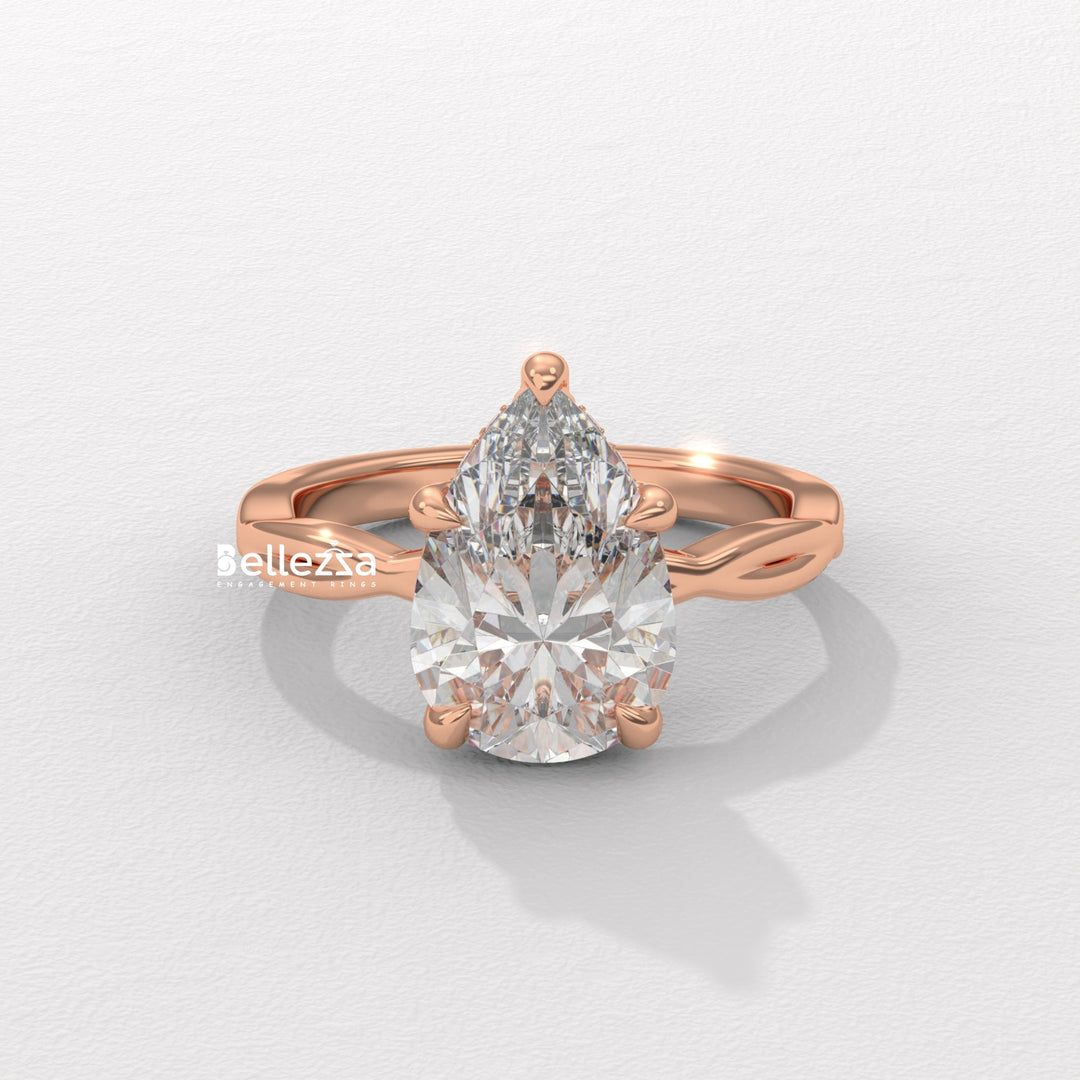 1.50-2.50CT Pear Cut Twisted Hidden Halo CVD Diamond Engagement Ring