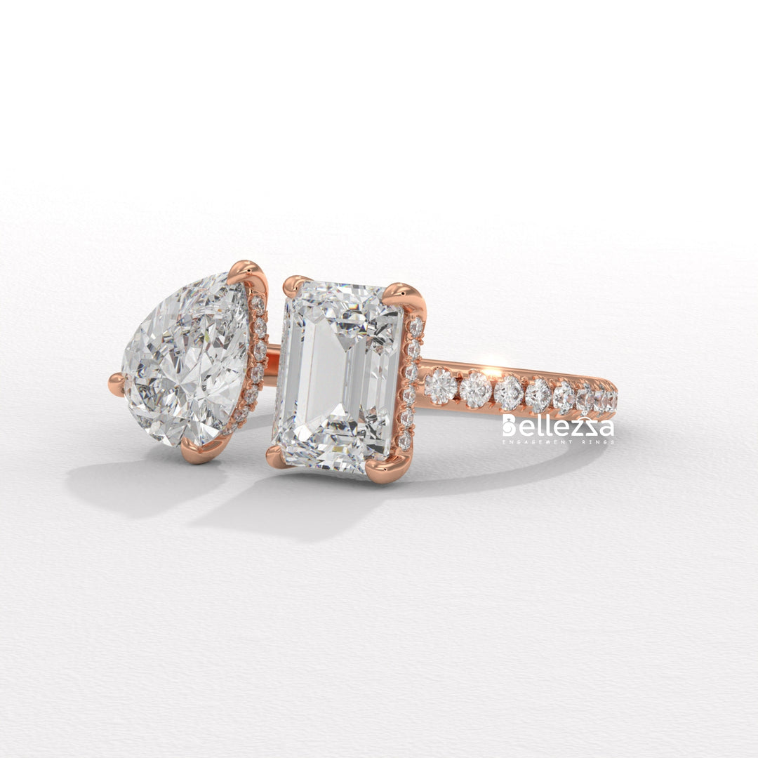 1.0CT Pear & Emerald Cut Hidden Halo Open Style Two Stone Lab Grown Ring