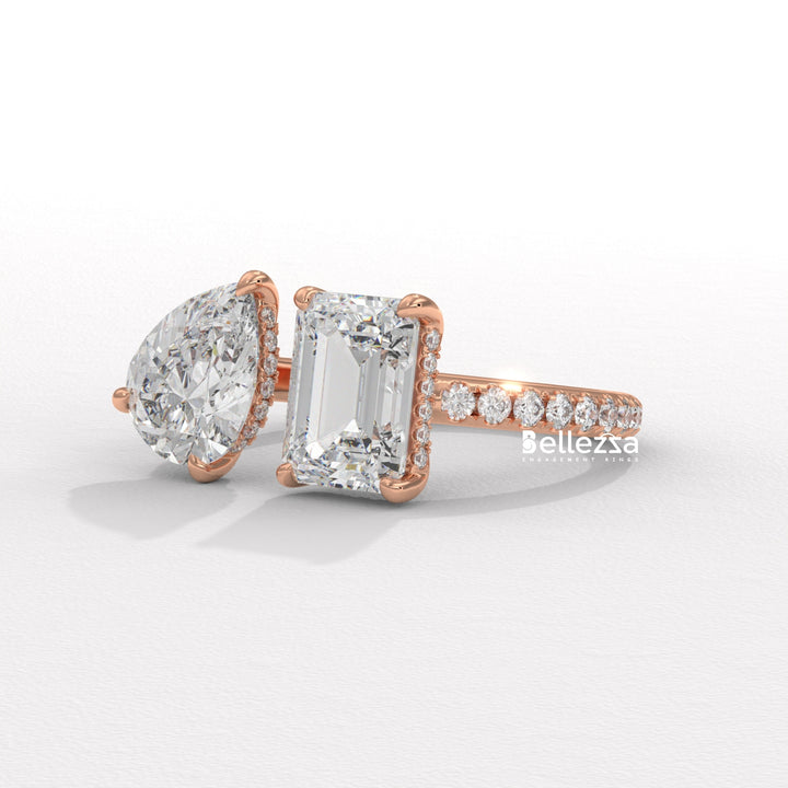 1.0CT Pear & Emerald Cut Hidden Halo Open Style Two Stone Lab Grown Ring