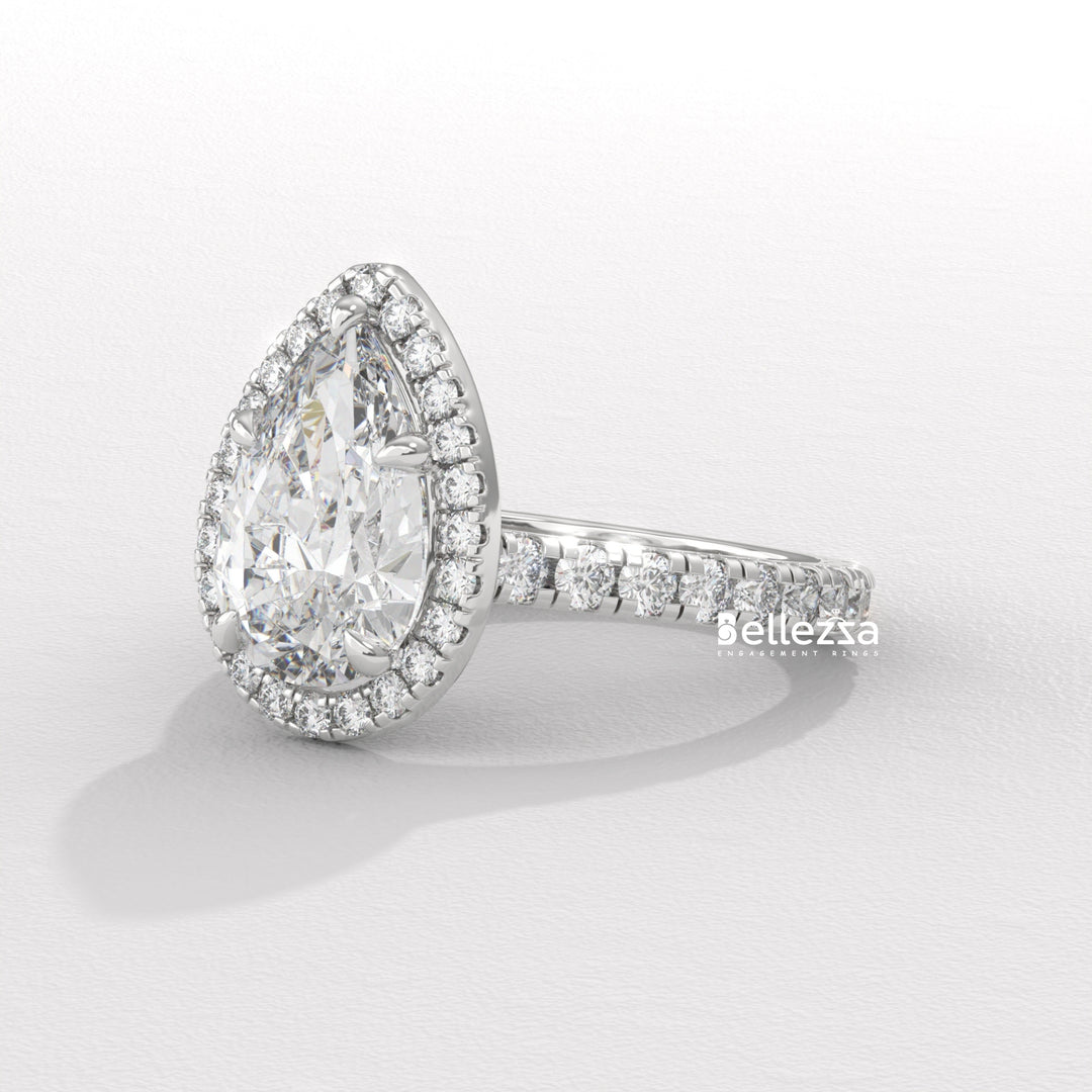 1.50-2.50CT Pear Cut CVD Diamond Halo Pave Setting Engagement Ring