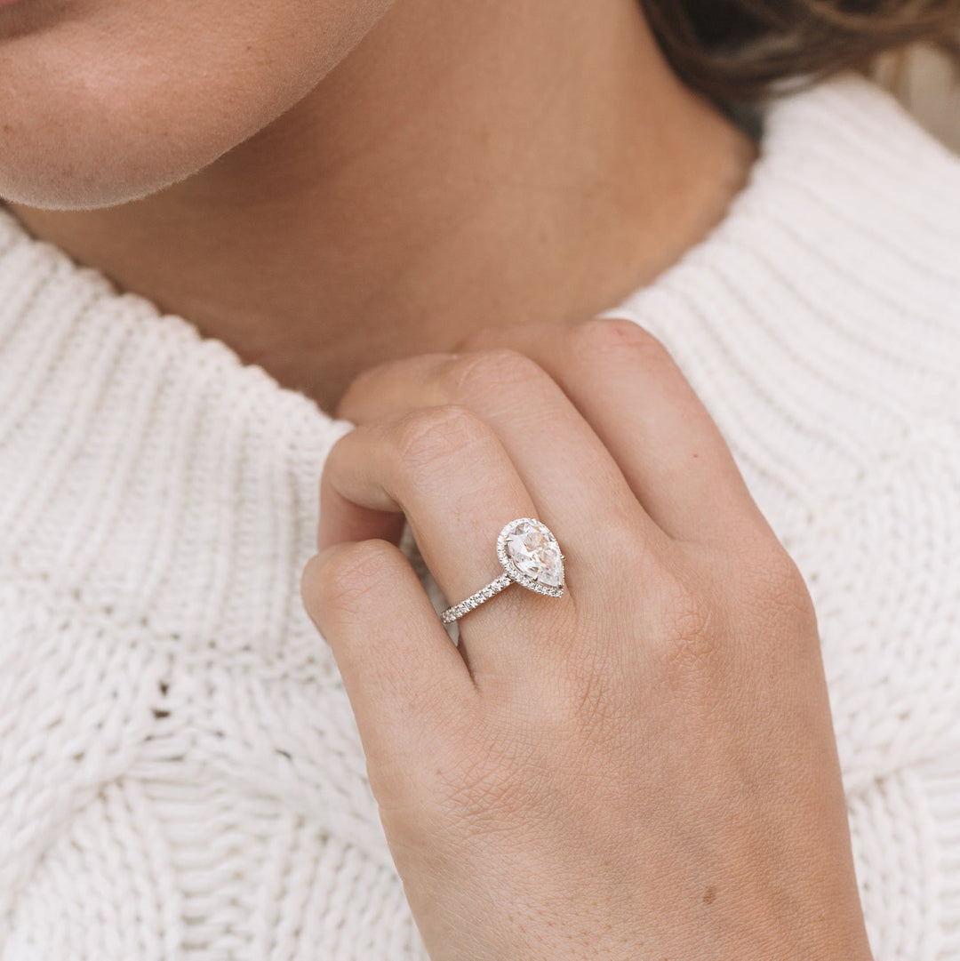 1.93CT Pear Cut Shaped Cathedral Halo Moissanite Engagement Ring