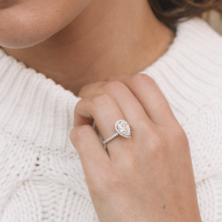 1.93CT Pear Cut Shaped Cathedral Halo Moissanite Engagement Ring