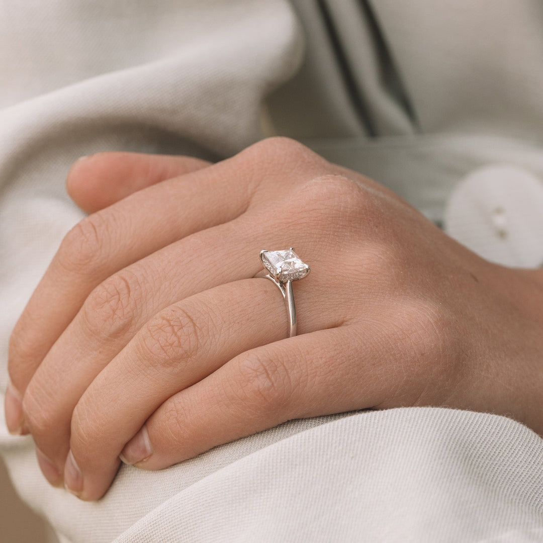 1.90CT Princess Cut Hidden Halo Moissanite Engagement Ring in 14K White Gold