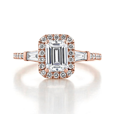 1.60ct Emerald Cut Gabriel Halo 4 Prong Moissanite Solitaire Engagement Ring