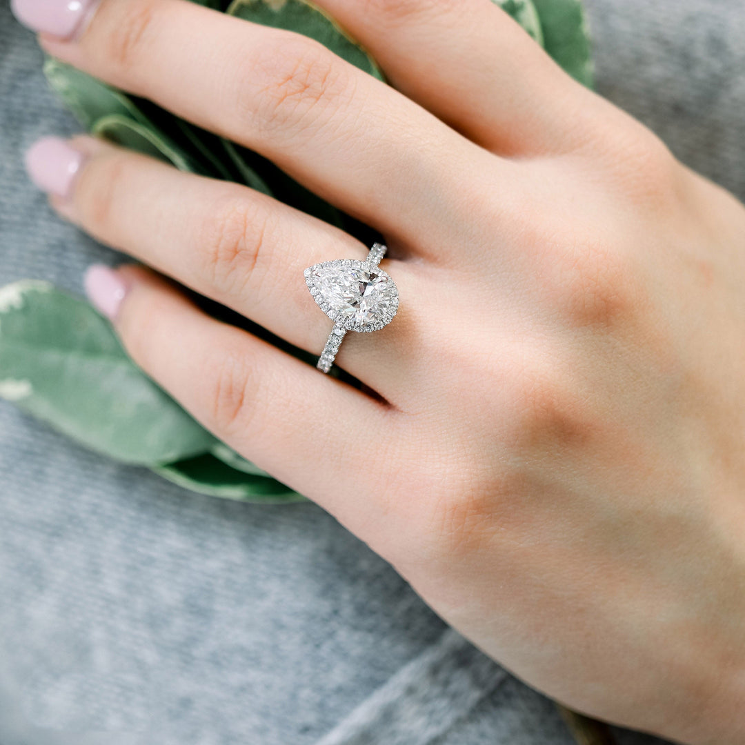 2.0CT Pear Cut Moissanite Halo Pave Diamond Engagement Ring