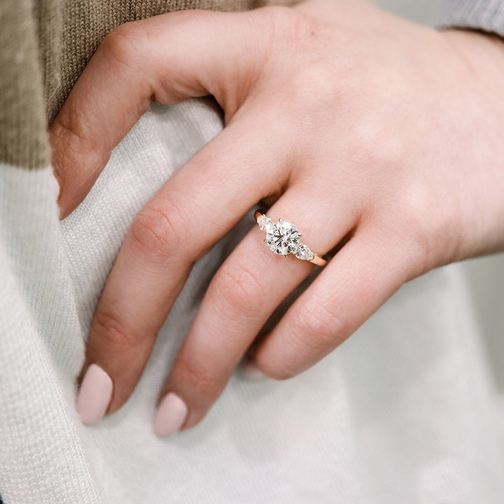 2.0CT Round & Pear Cut Moissanite 3 Stone Engagement Ring