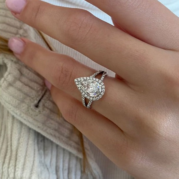 2.0ct Pear Cut Moissanite Diamond Split Shank Engagement Ring