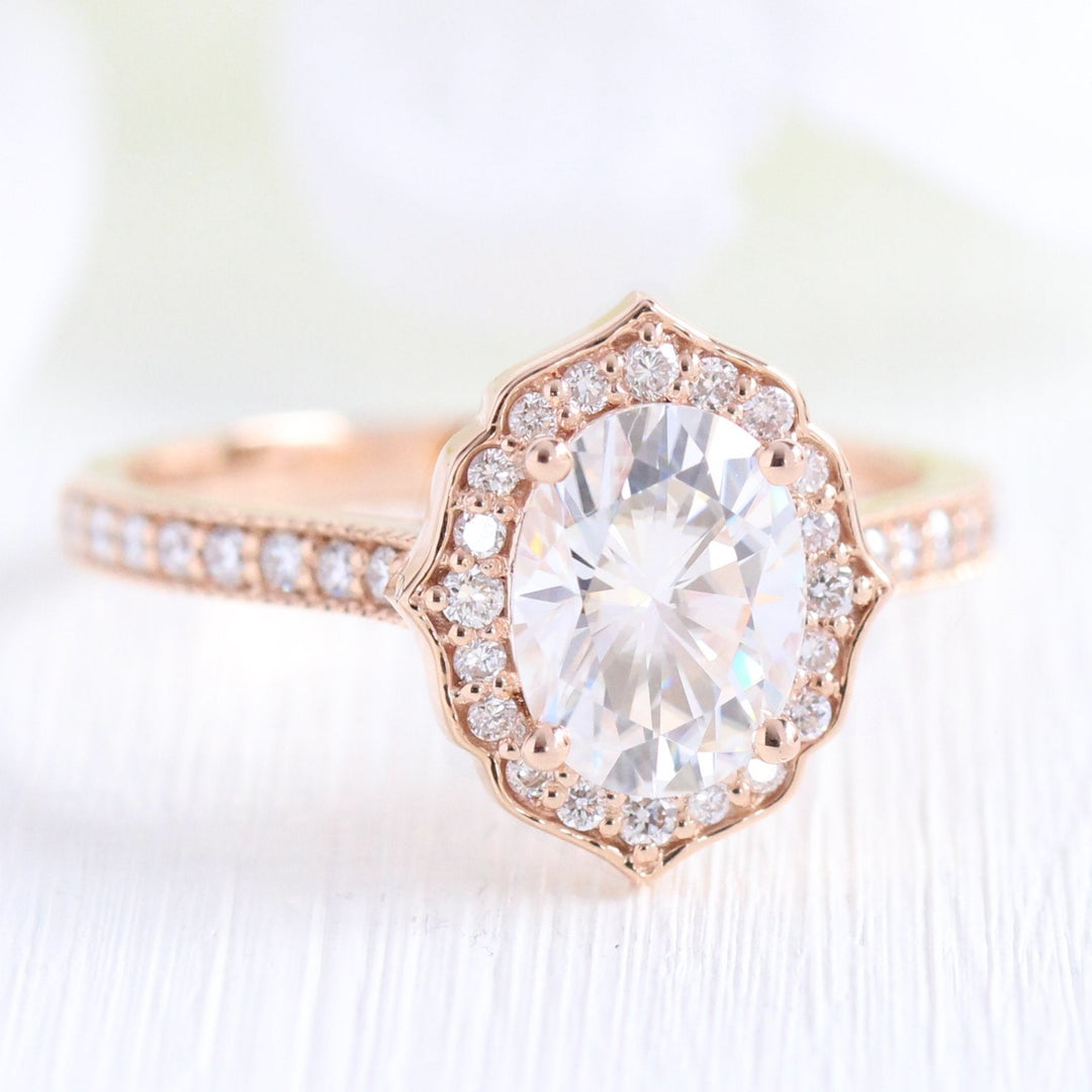 1.50ct Oval Cut Moissanite Unique Halo Ring With Bezel Wedding Band