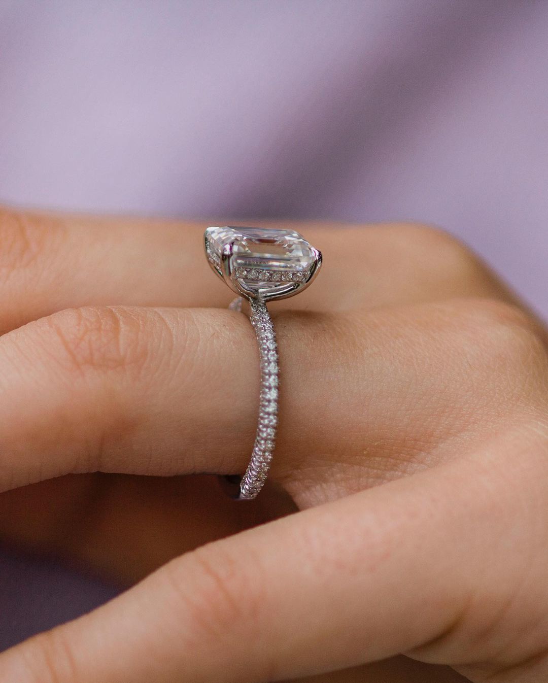 3.25 CT Emerald cut Hidden Halo Moissanite Engagement Ring