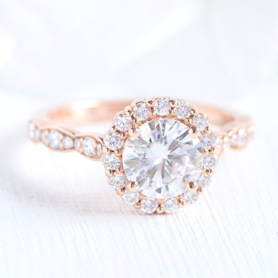 Round Cut Moissanite Ring With Halo Diamond Band