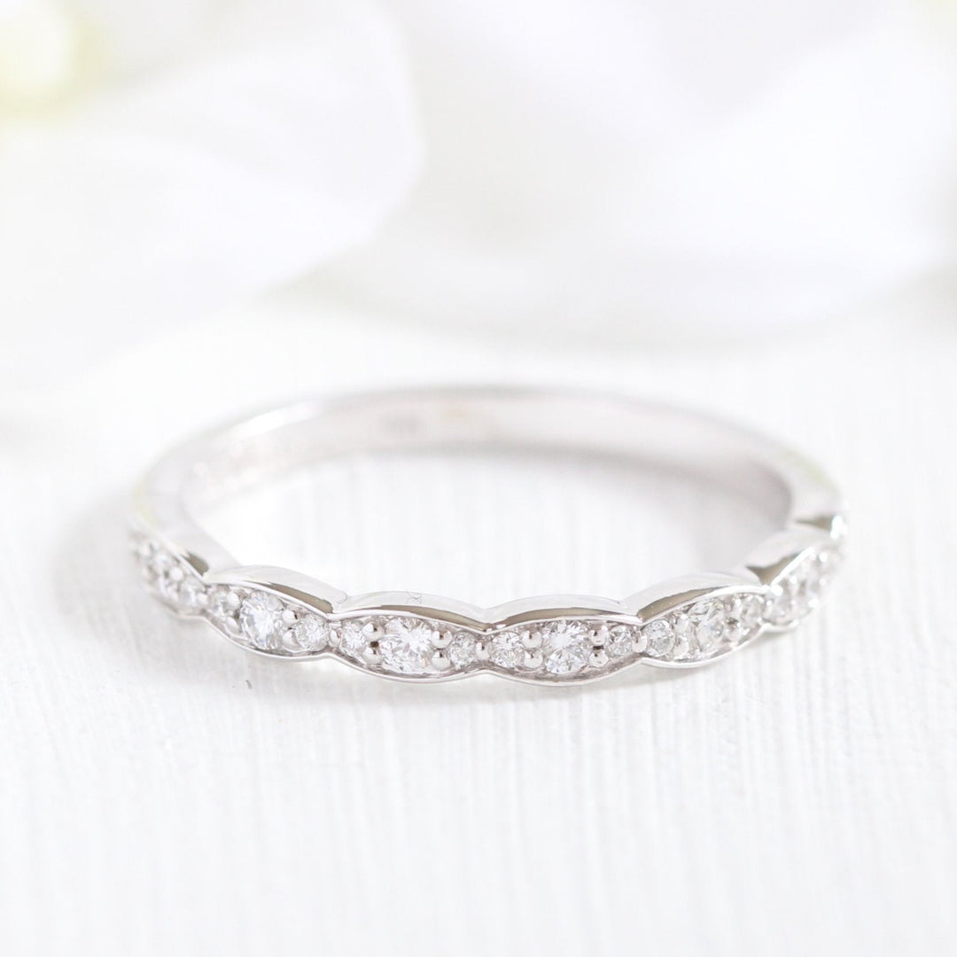 Cushion Cut Vintage Floral Moissanite Ring With Scalloped Diamond Band