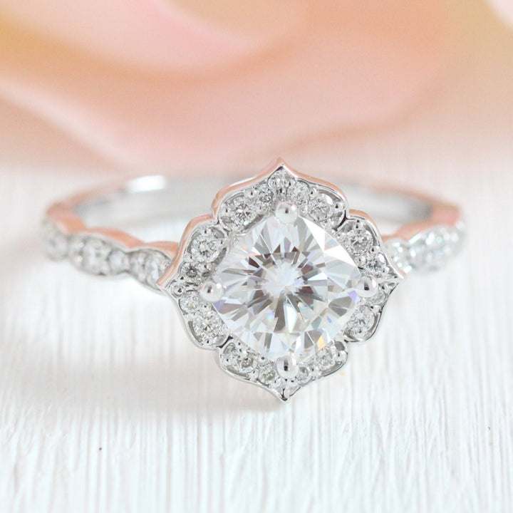 Cushion Cut Moissanite Ring With Diamond Band