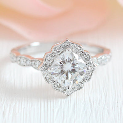 Cushion Cut Moissanite Ring With Diamond Band
