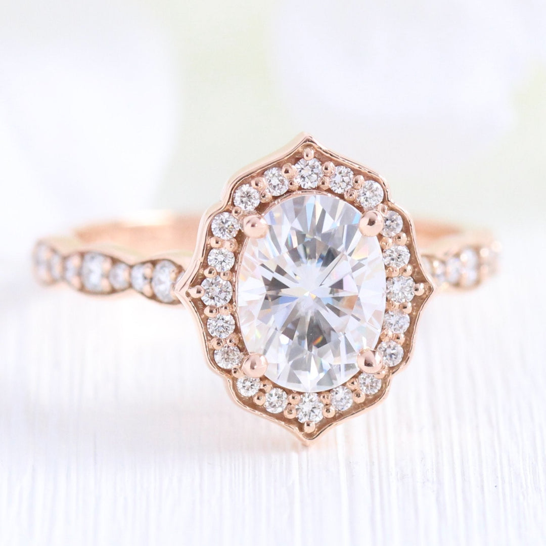 Oval cut moissanite with halo bridal band set 14k in rose gold