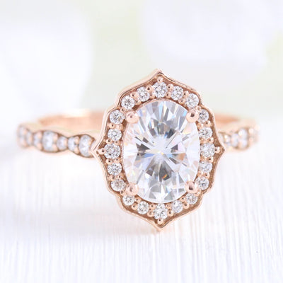 Oval cut moissanite with halo bridal band set 14k in rose gold
