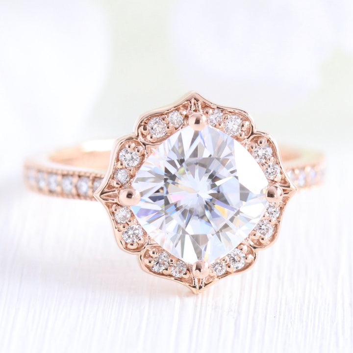 Cushion cut moissanite with bridal band set 14k in rose gold