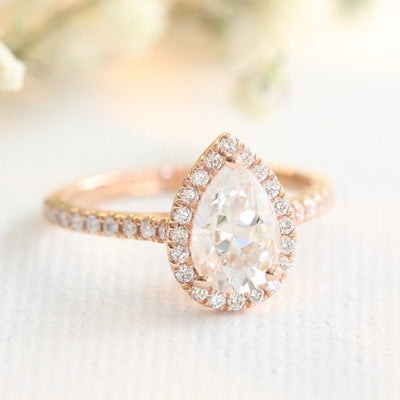 Pear Halo Pave Moissanite Ring With Milgrain Band Ring