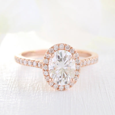 Oval Cut Halo Moissanite Ring With Milgrain Diamond Band