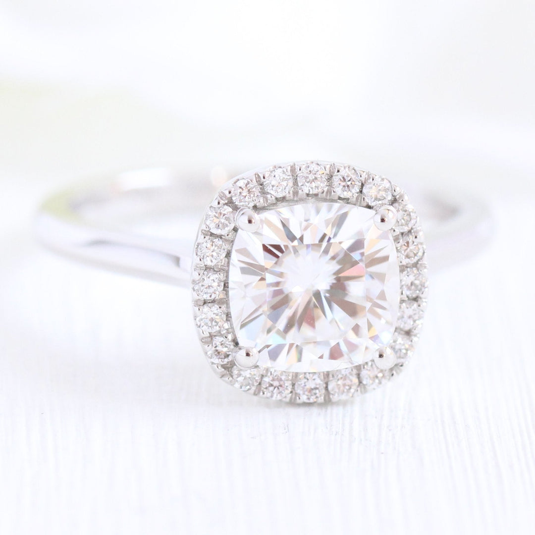Solitaire Cushion Cut Halo Moissanite With Scalloped Band Ring
