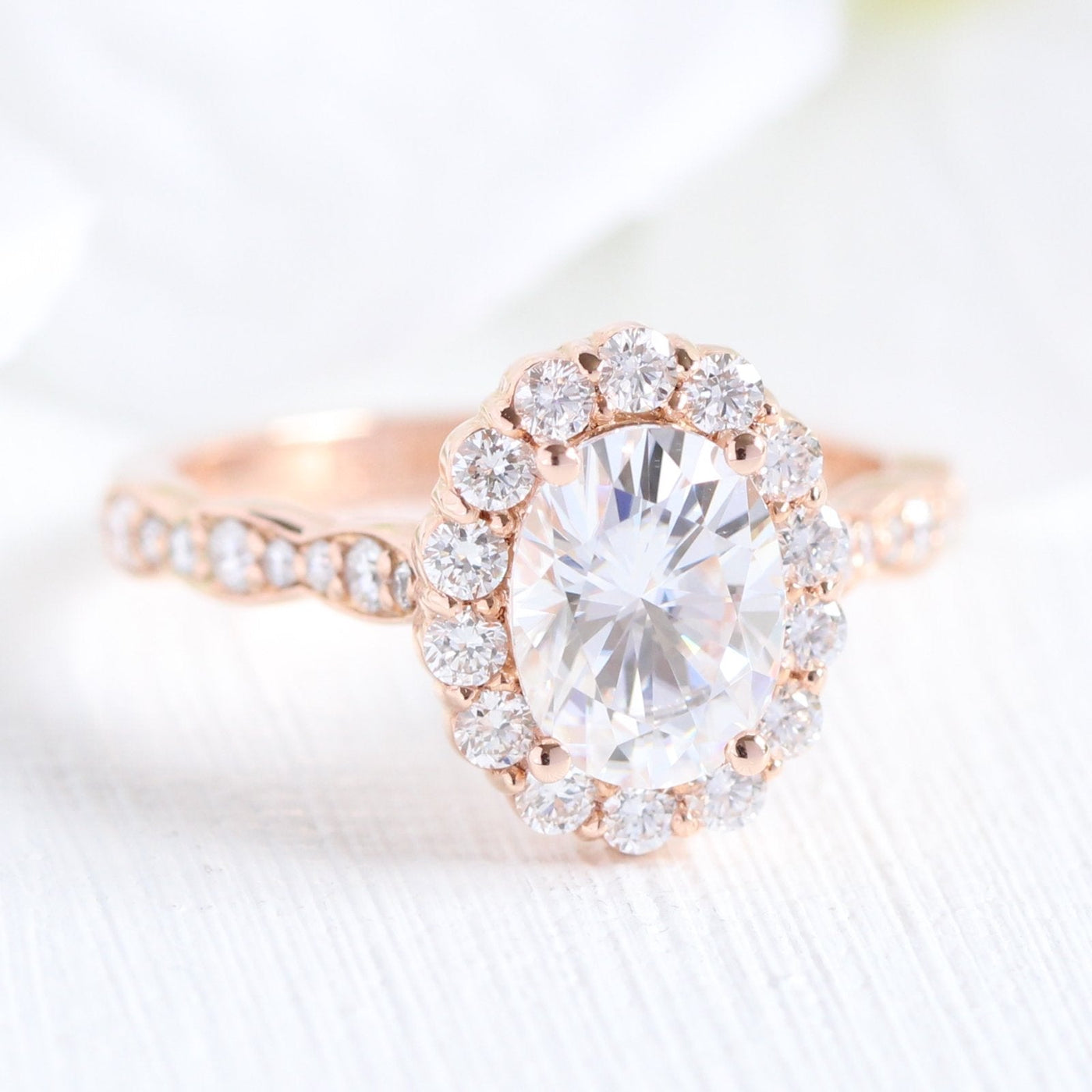 1.50ct Oval Moissanite Halo Engagement Ring With Matching Diamond Band