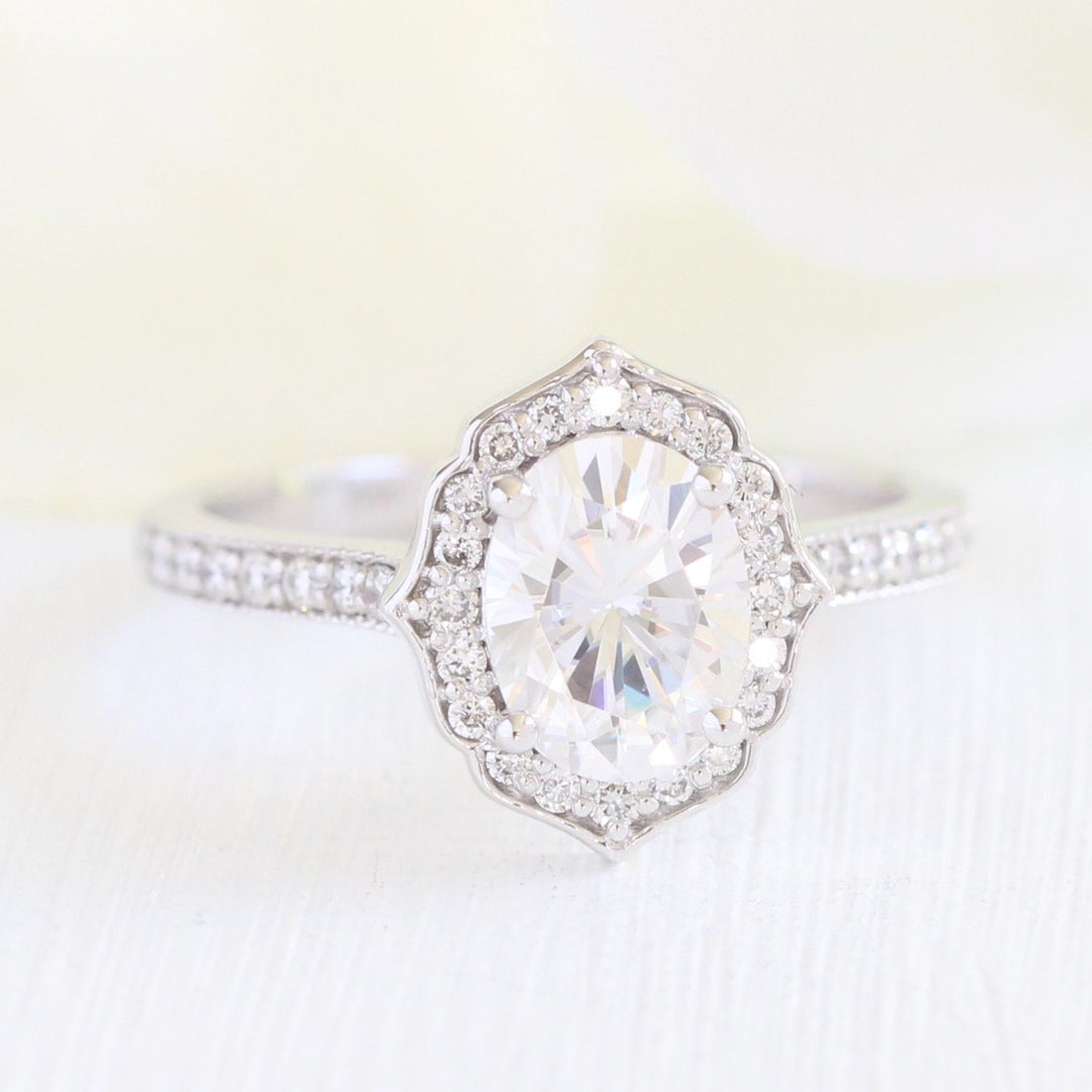 1.50ct Oval Moissanite Halo Engagement Ring Match with Channel Set Band