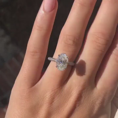 3.0ct Oval Cut Three Side Pave Diamond Moissanite Hidden Halo Engagement Ring