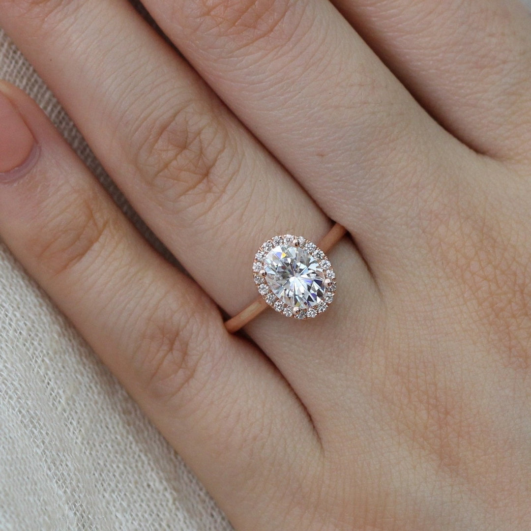 Oval Cut Halo Moissanite Ring With Scalloped Diamond Band Ring