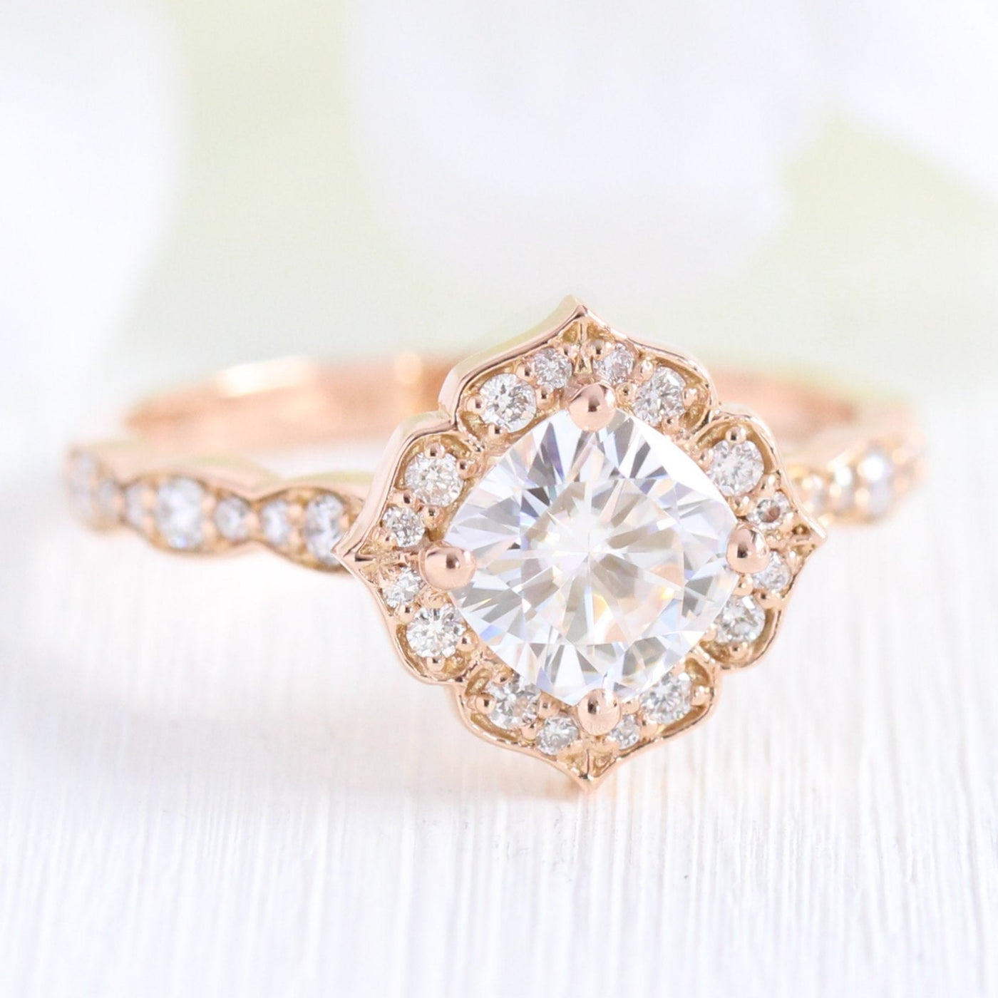 Cushion cut moissanite with bridal band set 14k in rose gold