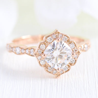 Cushion cut moissanite with bridal band set 14k in rose gold